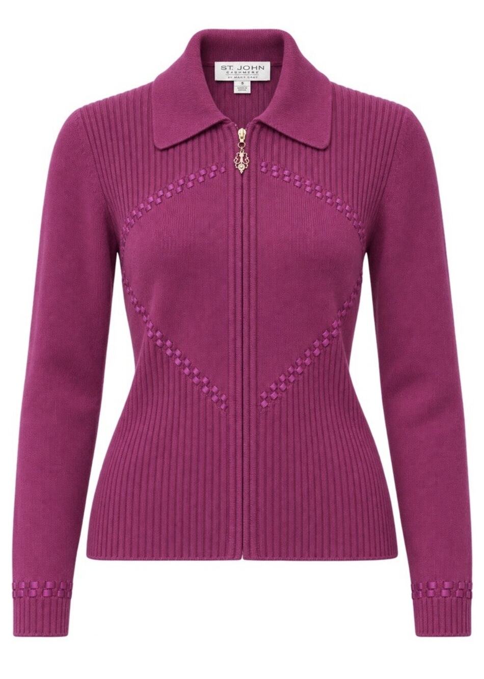 St. John Cashmere 100% Cashmere Purple Zip Front Ribbon Knit Cardigan S